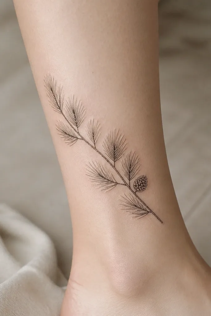A diagonal pine branch from mid-calf to outer ankle, with micro dot shading in black and a few tiny needles highlighted in very dark gray.