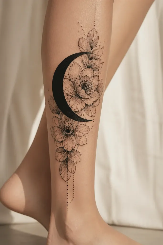 A large crescent moon in bold blackwork over a partially translucent floral veil made of layered petals and dot accents, extending down the inner calf.