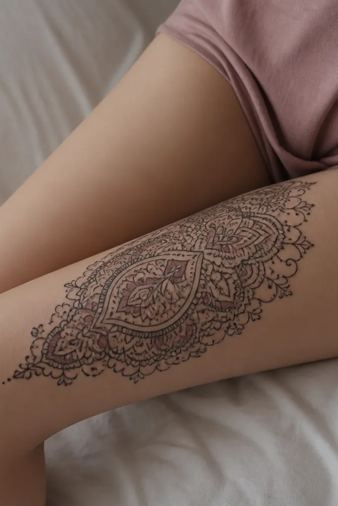 A lace-like panel of black linework covering the inner thigh, with dusty rose shading in the center motifs and small ornamental dots at the edges.
