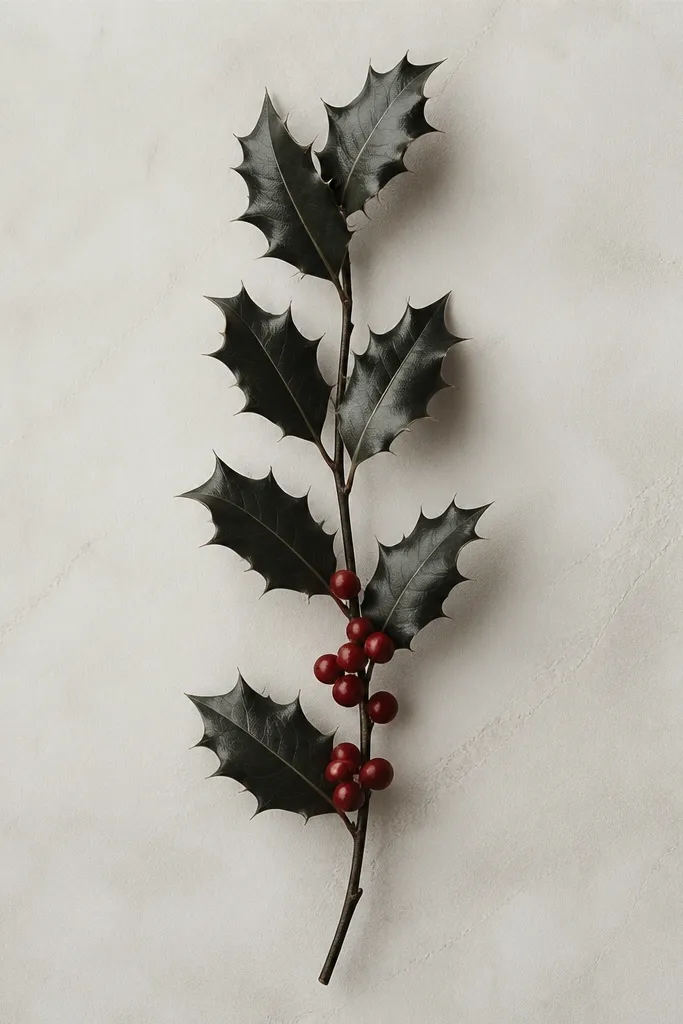 A slim holly sprig running vertically, with pointy leaves in black shading and tiny berry dots in deep red at the lower half.