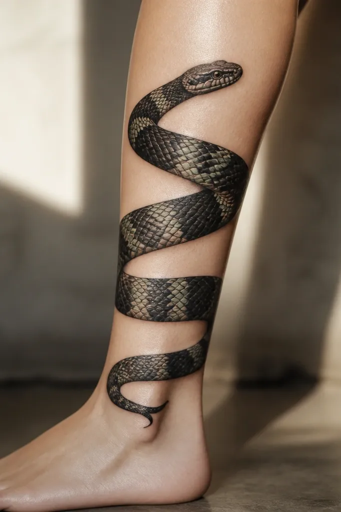 A banded snake wrapped around the calf, black scale shading with a few sage-green highlights on the scales and a small eye detail near the outer side.