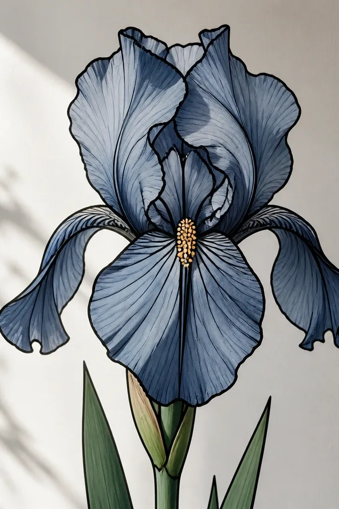 A tall iris bloom with bold black outlines, filled with blue-gray petal shading and a small golden dot cluster in the center.