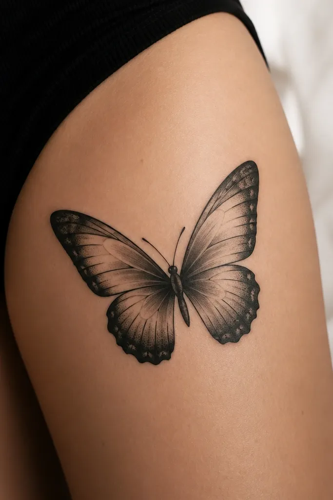 A monochrome butterfly on the outer thigh with feathered black wing shading, soft dot transitions near the wing edges, and a clean body line.
