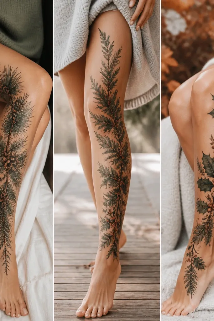 Seasonal evergreen leg cover up tattoos for women