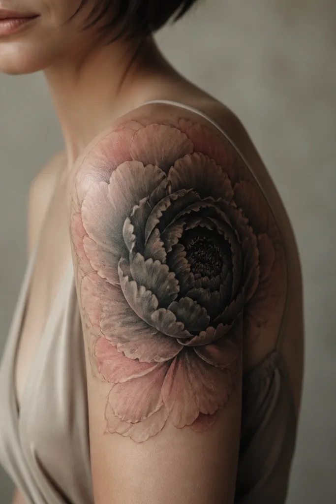 A large peony cover up on upper arm in a fan shape. The center is a dark nearly-black knot of petals, with gray smoke shading around it. The outer petals fade into soft blush-pink and dusty red accents near the edges.