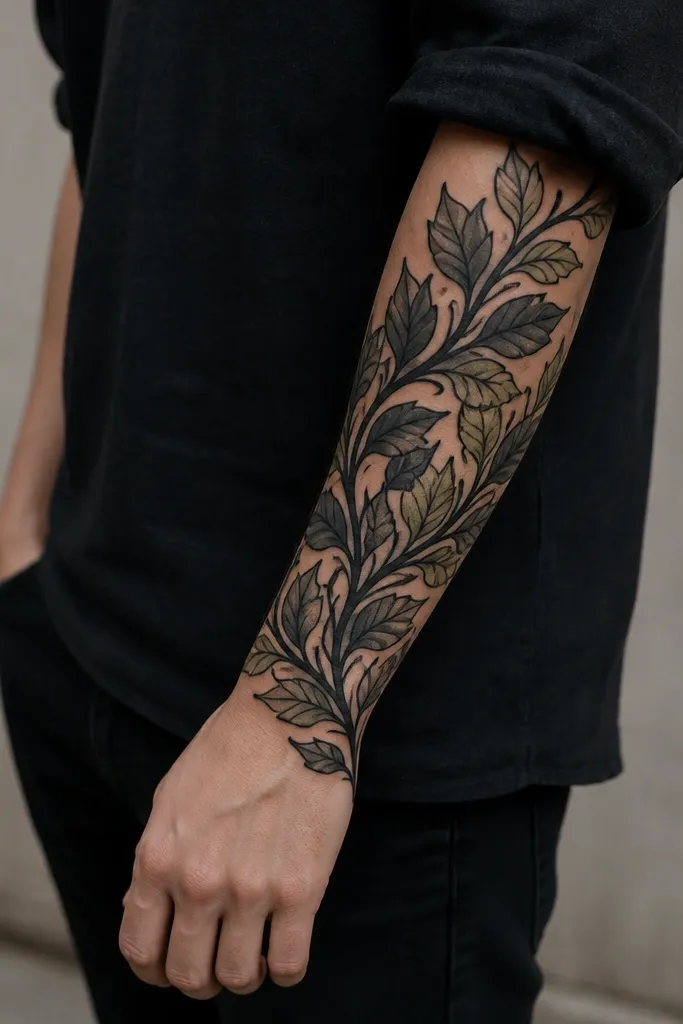 A forearm wrap tattoo showing a dark vine curling around the arm. Leaves overlap each other in layers, with small negative-space gaps shaped like teardrops. The vine has black outlines with gray fill and a few olive-green leaf accents.