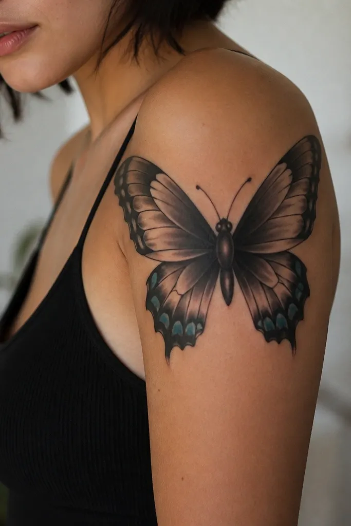 A butterfly cover up on outer upper arm. The body is a solid deep black with gray shading. The wings have dark scalloped sections and soft airbrushed gradients, with tiny muted teal accents near the lower wings.