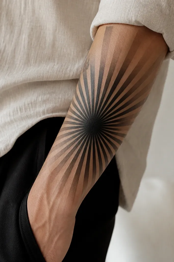 A sunburst cover up on forearm. The center has dense black rays radiating outward, and the rays alternate between black and gray. The outer ends fade into a warm tan and light beige wash.