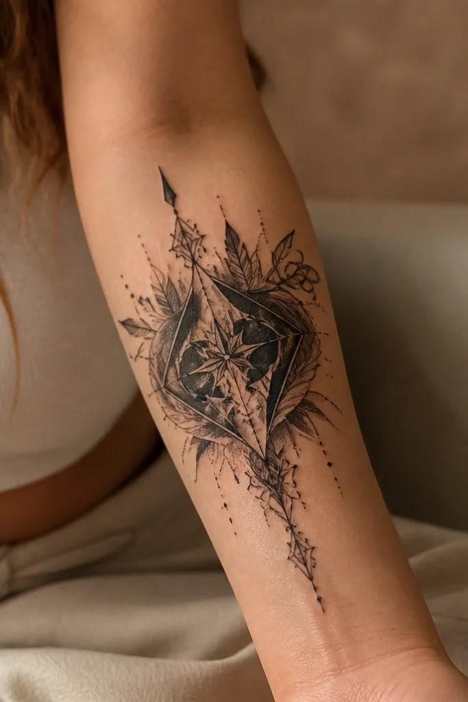A geometric crest on upper arm where the old name is hidden inside a shield shape. The shield is made of thick black lines, gray hatching, and a few angled negative-space triangles. There are small rose-gold-like highlights that look muted.