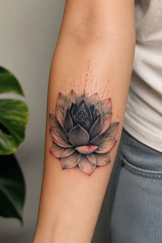 A lotus cover up on inner forearm. The lotus has a solid black core with layered petals around it. Petals are black and gray with a few soft pink highlights near the outer edges. Small dots and short dashes sit like pollen near the top.