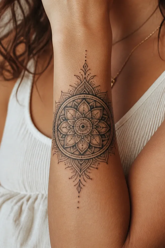 A mandala cover up on upper arm with thick concentric rings. The center has dense black shading, then rings alternate between black and gray. Small leaf-like shapes fill the spaces between rings, and there are a few muted red accents near the outer ring.
