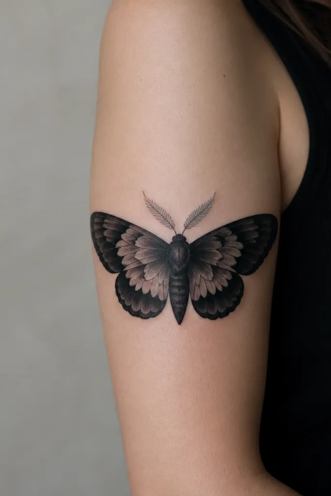 A moth tattoo on outer upper arm with a deep black body and large wing shapes. The wings have dark scallops and soft smoke shading, with tiny pale gray highlights near the antennae. No bright color, just black, gray, and a few subtle lavender-gray tones.