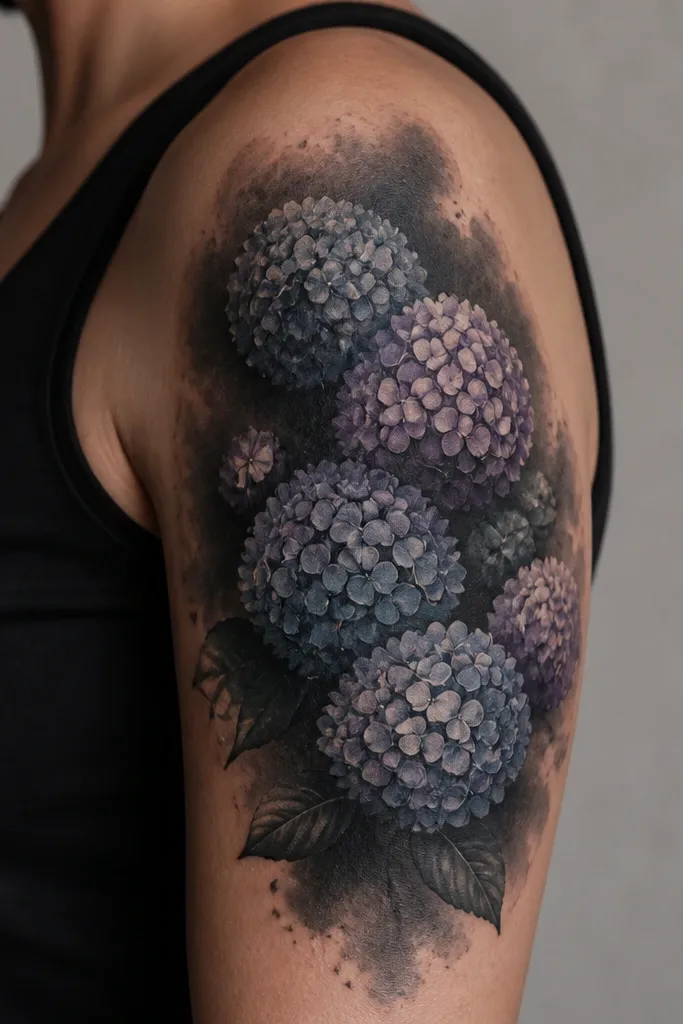 A cluster of hydrangea blooms on upper arm. The background is a dense black and gray wash that covers the old name area. The flowers are made of small petal dots forming rounded heads, with muted blue-gray and dusty violet highlights.