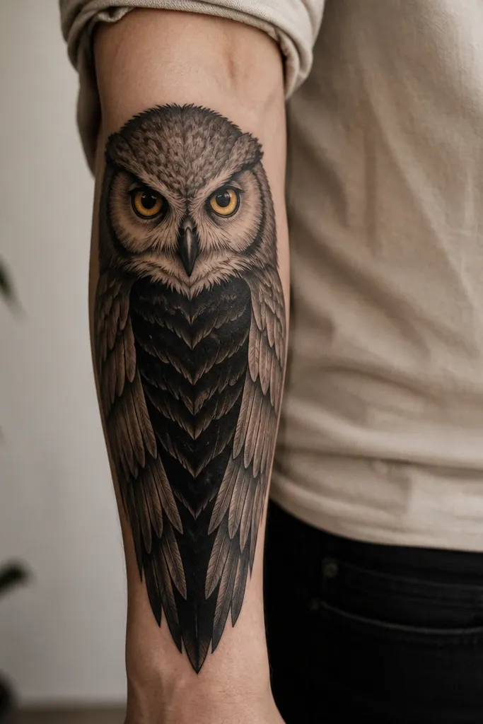 An owl cover up on forearm with a strong black chest panel. The wings are gray with darker edges, and the head has soft feather shading. The eyes are done in muted gold-yellow with a darker outline.