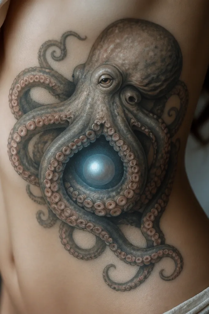 An octopus on the side ribs hugging inward toward a small pearl at the center. Tentacles wrap and overlap the curve of the torso, with soft coral-pink suction cups. The pearl is white with a bluish glow around it.