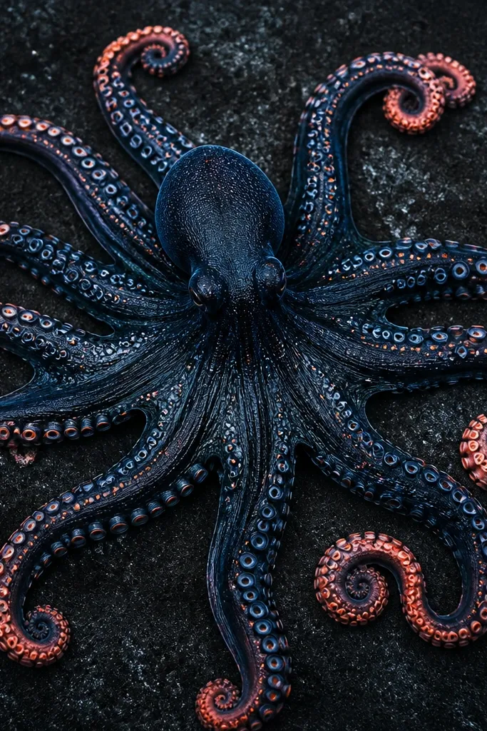 A full tentacle spread with a dark ocean base. Most tentacles are black and deep blue, while only the outer tips have coral-orange and pink. Suction cups alternate between dark outlines and tiny coral dots.