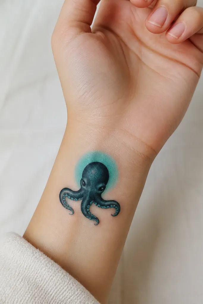 A small octopus on the inner wrist. The body is dark teal with four tiny tentacles. Suction cups have cyan highlights, and there's a faint circular glow behind the head.