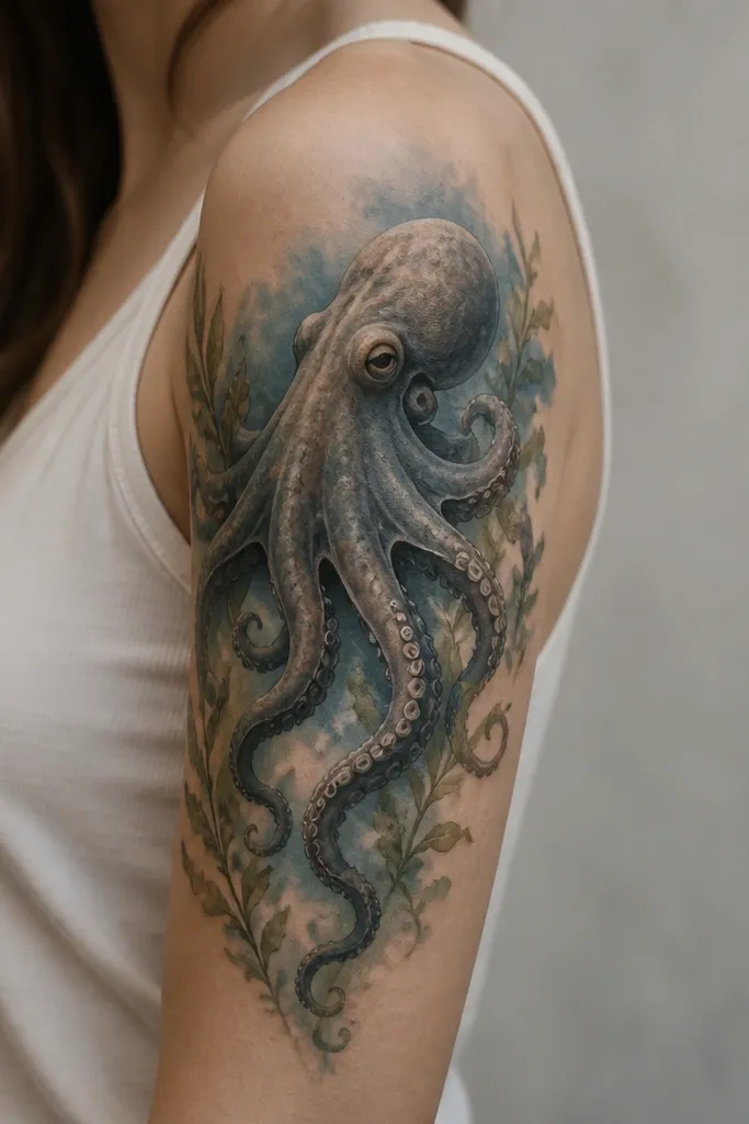 An octopus perched on the upper arm with tentacles curling downward. There are seaweed-like accents in muted green, and behind the octopus is a soft smoky blue background with no hard outlines.