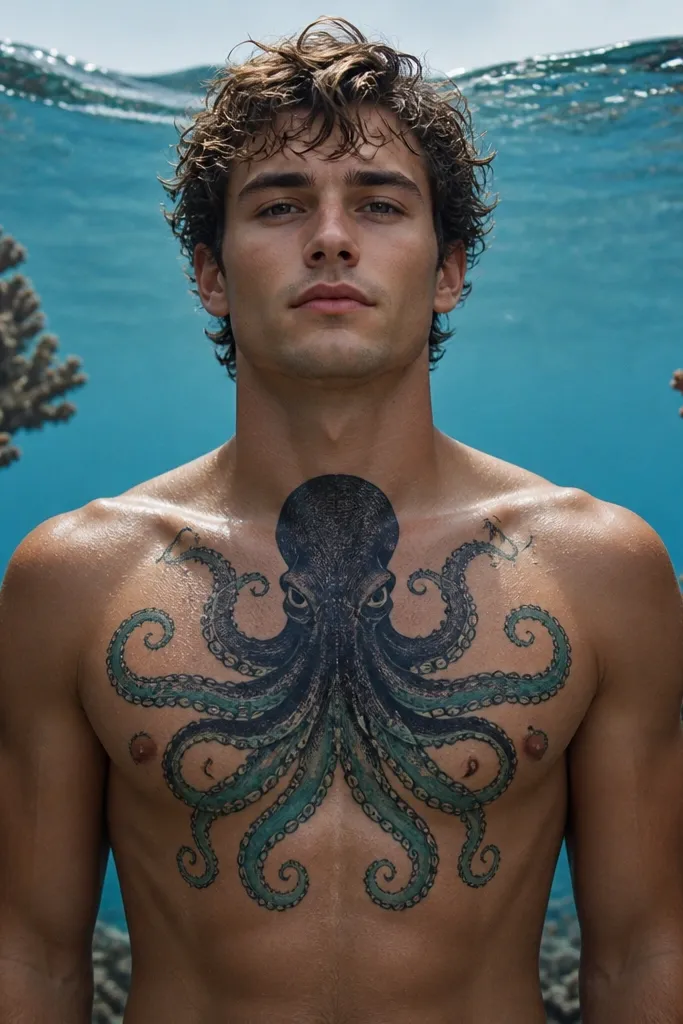 A front chest octopus with the top half in darker navy and the lower tentacles in teal. Coral branches frame the sides like a reef, and a subtle waterline wave sits above the head.