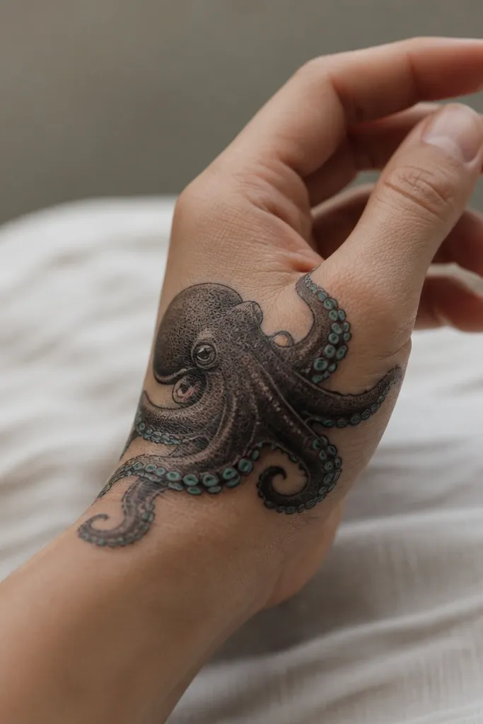 A small octopus around the base of the thumb with short tentacles wrapping the hand. The ink is mostly dark grey-black, with only a few color dots in turquoise on suction cups and a tiny coral-red accent near the mouth.