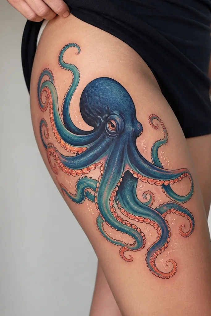 A large octopus on the outer thigh angled slightly upward. The body is indigo blue, tentacles fade into teal, and the outer edges have sunset coral-orange and peach. A few small white spark dots sit around the tentacles.