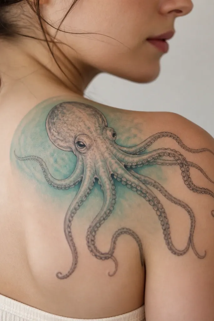 An octopus on the shoulder with a soft aqua halo behind it. The tentacles are thin with fine line suction cups, and there's a gentle teal wash around the body. The eyes are dark with small light highlights.
