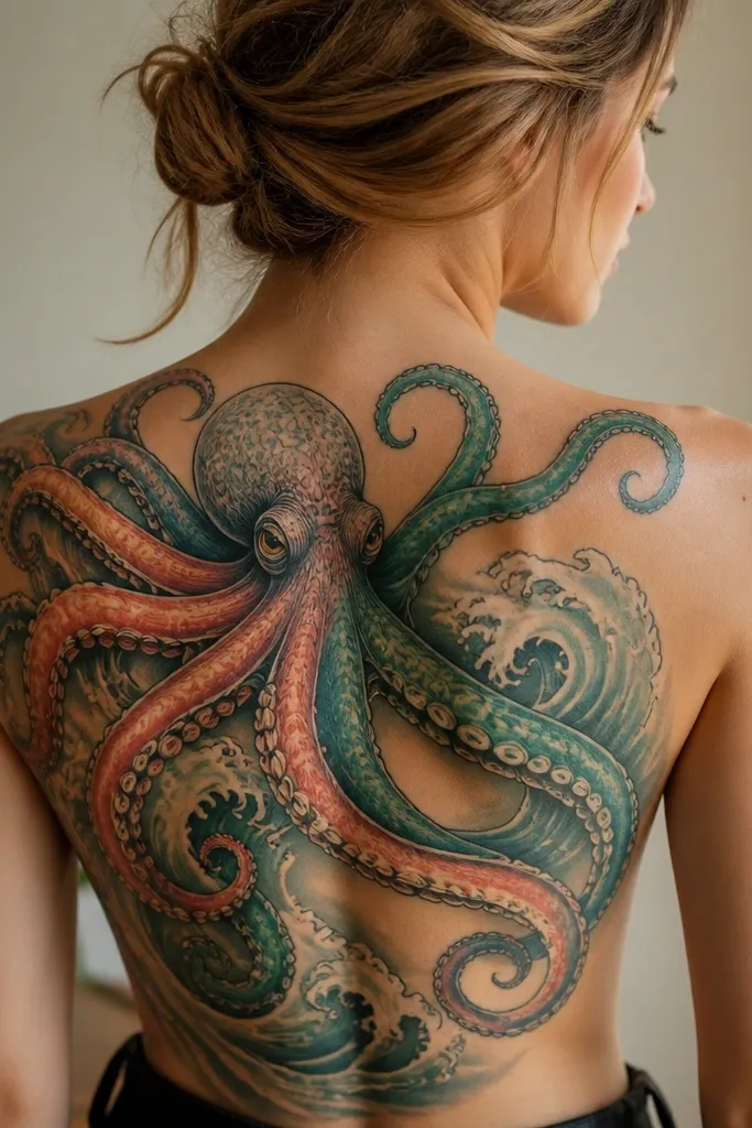 A back piece with an octopus centered between the shoulder blades. Color-blocked tentacles show clear bands of navy, teal, and turquoise. Behind it are stacked wave lines in muted blue, and small coral shapes sit near the tentacle bases.
