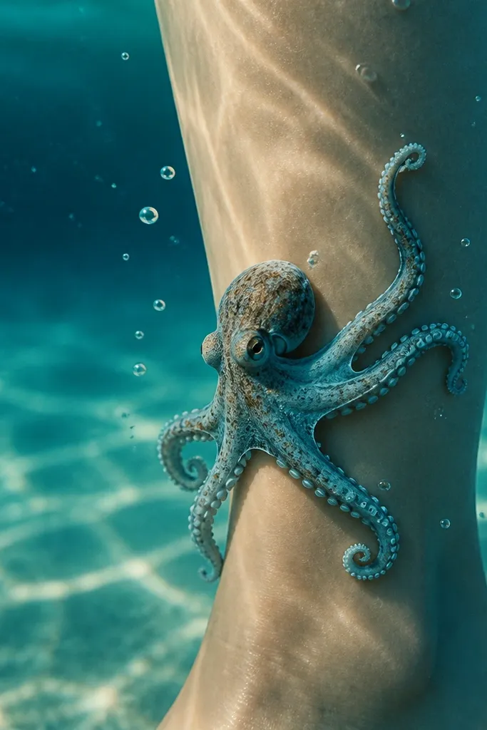 A calf octopus with tentacles crawling along the curve of the lower leg. The palette is teal, sea-glass green, and deep blue. Small bubble-like circles float around the tentacles, with white highlights inside.