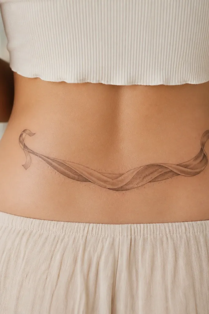 A lower back tattoo with a ribbon-like scarf draped horizontally. The ends curl upward, and the middle has soft grey shading with tiny dotwork specks like fabric fuzz.
