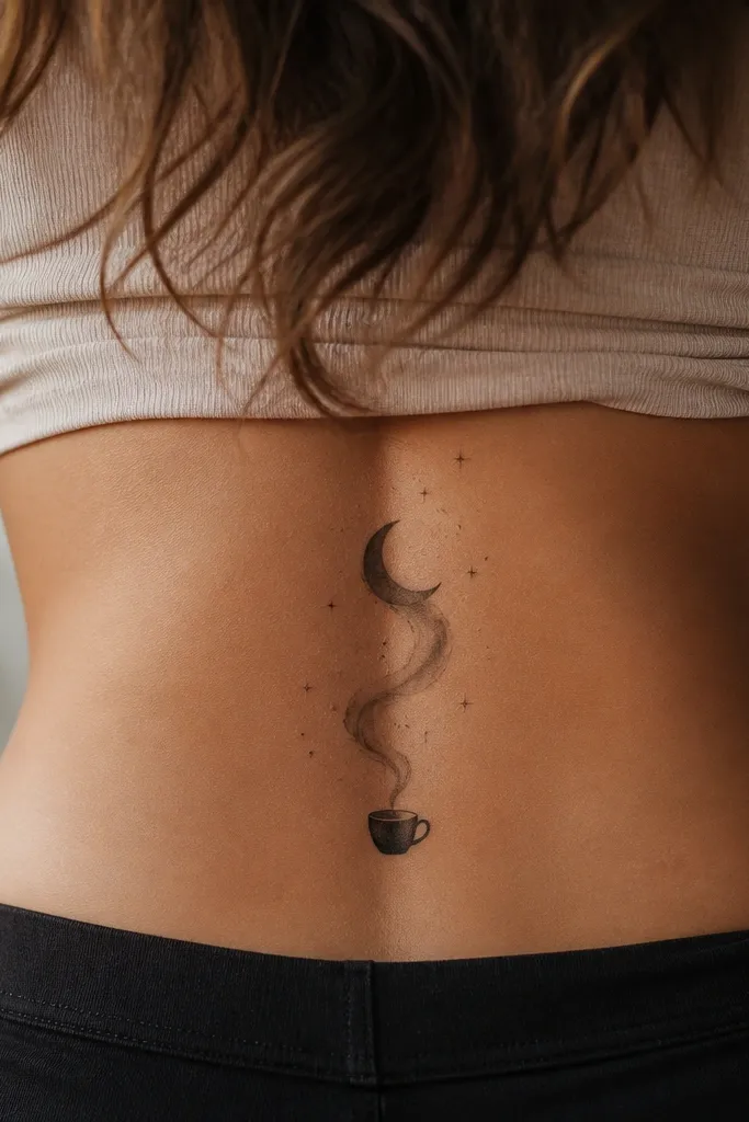 A lower back tattoo featuring a small mug silhouette with steam curling into a crescent moon. Tiny star dots scatter around the steam, and the steam has smooth grey gradients.