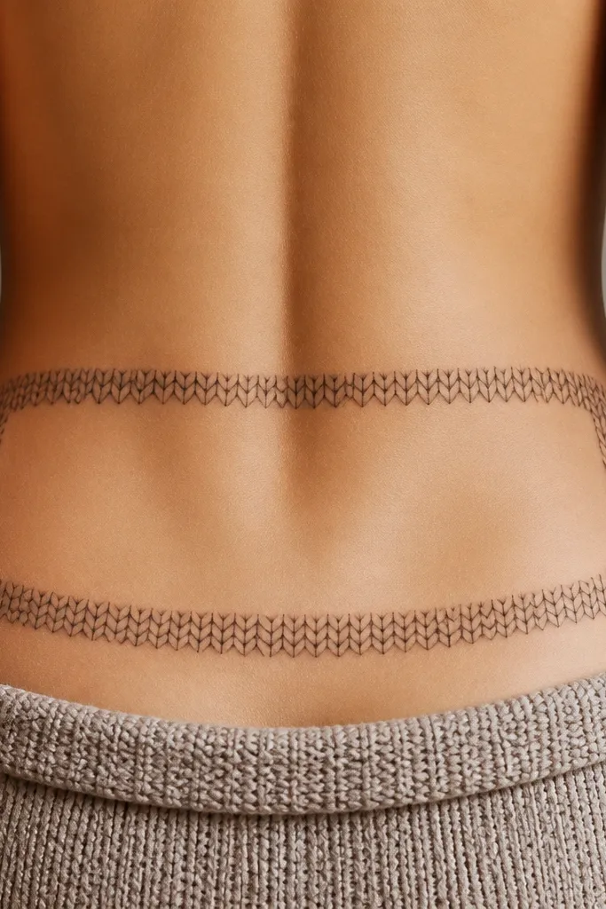 A lower back tattoo border that looks like knitted fabric with small repeating V-stitches and soft shading. The border forms a gentle rectangle wrapped around the center space.