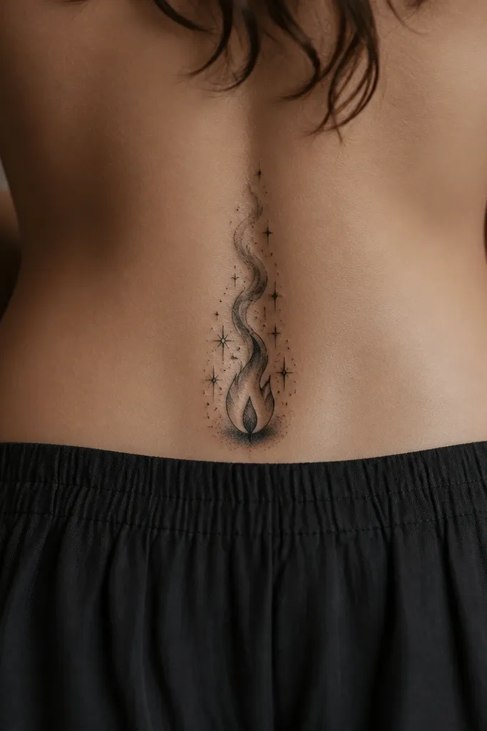 A lower back tattoo with a candle flame shape tapering upward. Around it are small sparkles and faint smoke curls, all in black and grey with soft dotwork highlights.