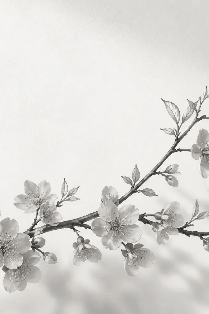 A lower back branch of cherry blossoms stretching diagonally. Petals are shaded in grey with tiny white-like highlights, and the branch has small leaf outlines with soft grey underwash.