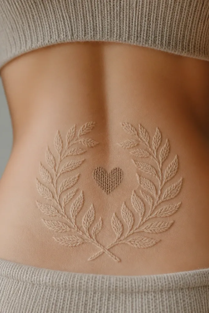A lower back design with leaf shapes that look like cable knit, forming a wreath. In the center, a small heart is shaded darker than the surrounding knit-leaf texture.
