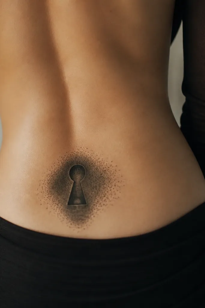 A lower back tattoo shaped like a keyhole. The keyhole has soft shading like velvet, and a smoky gradient spills outward into small dot clusters.