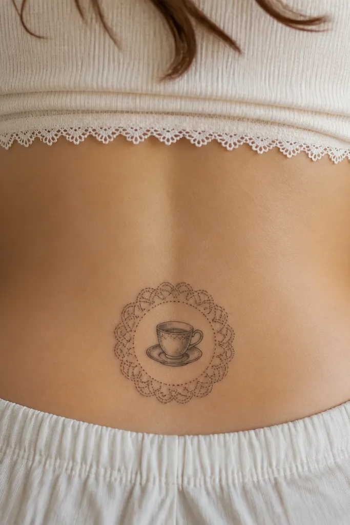 A lower back tattoo showing a small teacup with a saucer, surrounded by a doily-like lace ring made of loops and tiny dots.