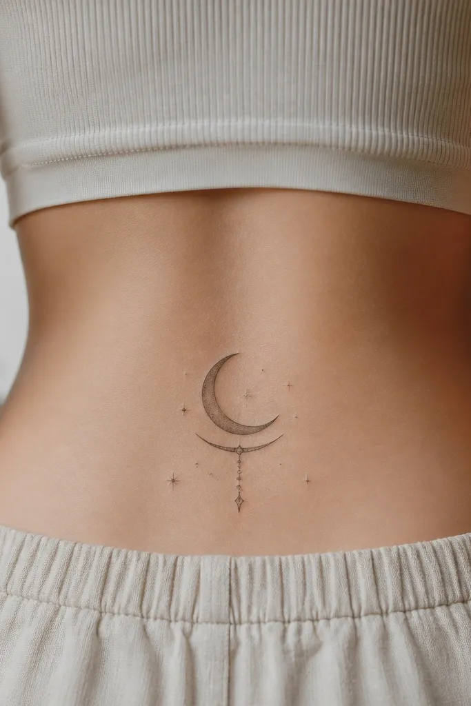 A lower back tattoo showing a crescent moon shaded in grey, with a small shelf-like curve beneath it. A tiny charm hangs from the shelf, with small stars and dotwork around.