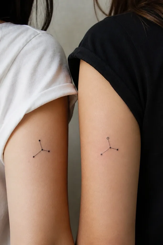 Two small minimalist constellation tattoos. Bestie A has a tiny cluster of 5 dots connected by short straight lines; Bestie B has the same cluster but with one dot replaced by a small ring. Both are on the upper arm outer side near the sleeve line.