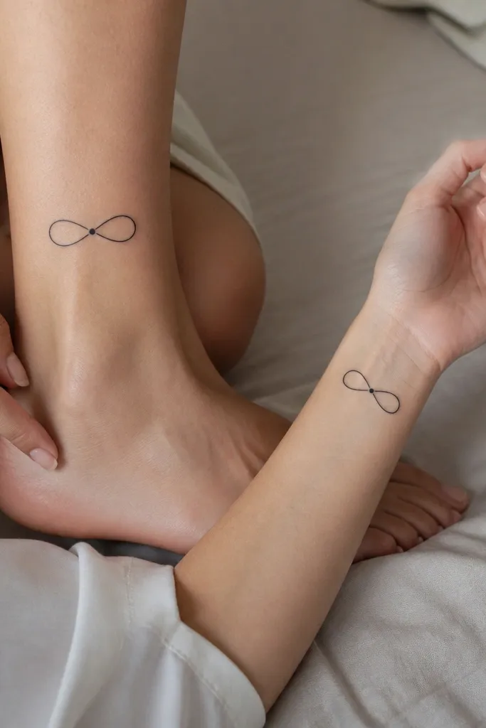 A minimalist infinity symbol drawn with two smooth loops and a small black knot dot at the crossing. It's placed on the inner ankle of one bestie and on the inner wrist of the other, with the same size and line weight.