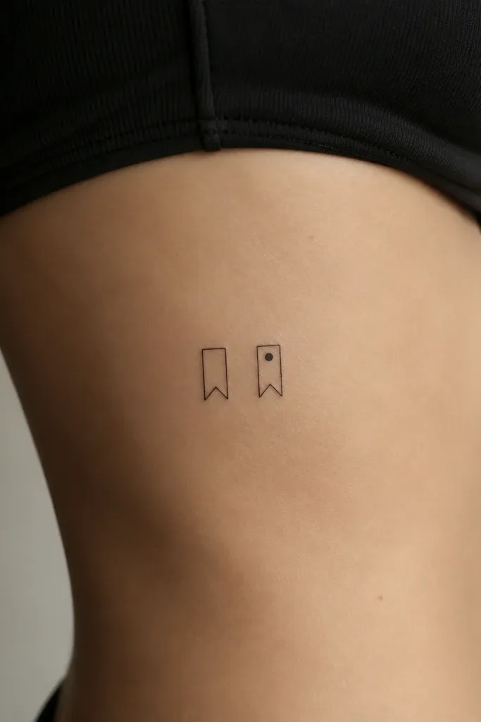 Two small minimalist bookmark tattoos. One shows a simple black bookmark with a straight top and a small notch; the other shows the same bookmark but with a single dot "page marker" line near the top. Both are on the side of the ribcage, low enough to be covered by most bras.