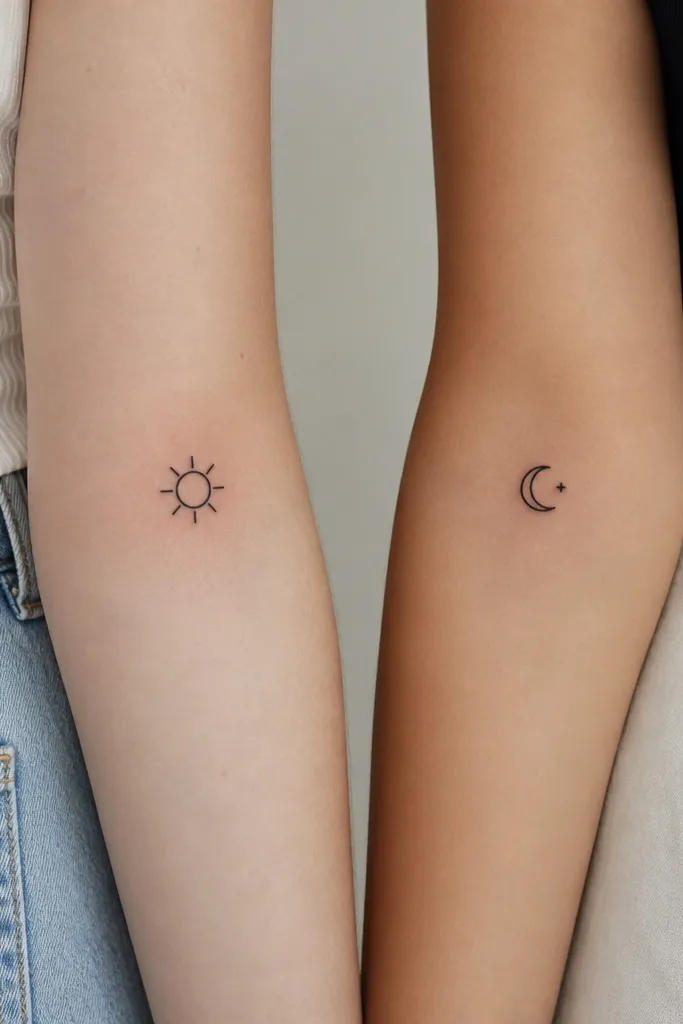 Two matching minimalist icons: one bestie has a small black sun with 8 short rays and a plain center circle; the other has a black moon crescent with a tiny dot "star" to the side. Both are placed on the outer forearms, about mid-length.