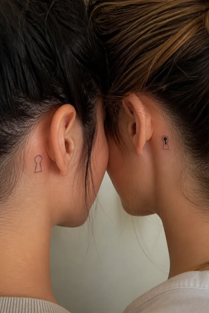 Two small minimalist tattoos. Bestie A has a keyhole outline with a simple round circle at the top and a teardrop handle; Bestie B has the same keyhole outline but with a tiny filled lock bar across the top. Both sit behind the ear area, small and crisp.