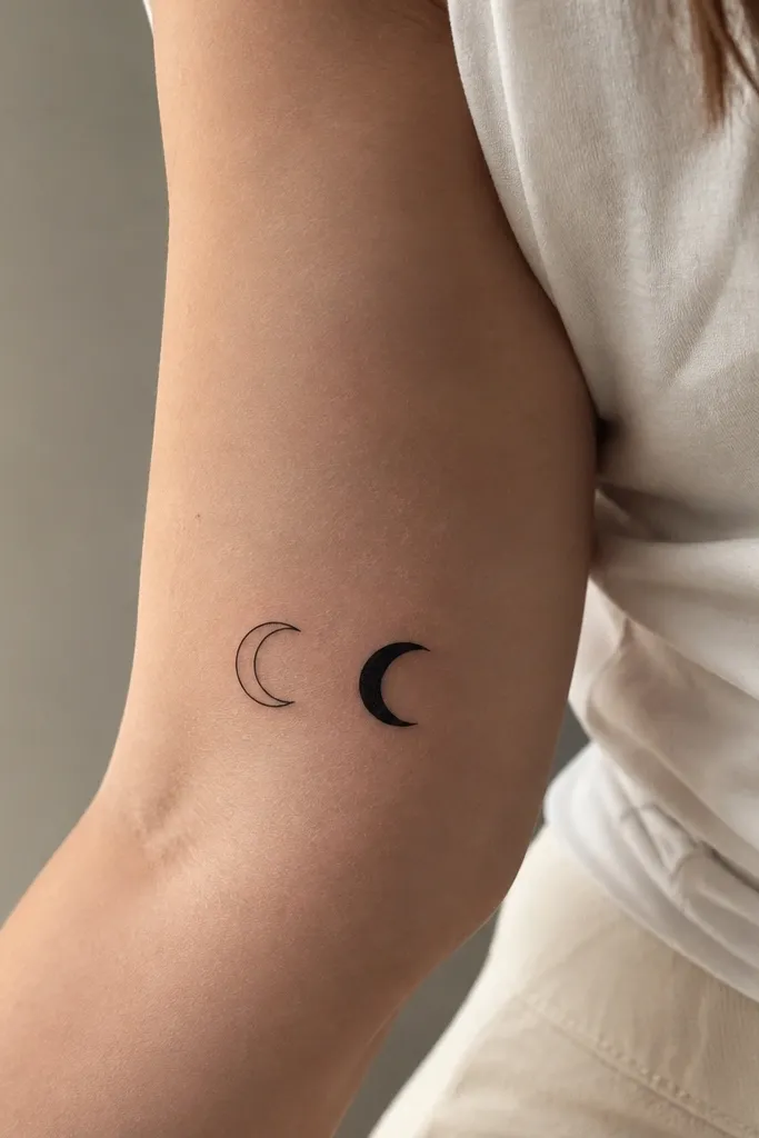 A pair of small minimalist crescent moons. One tattoo is a thin outline crescent only; the other is the same outline but with the inner crescent area filled solid black. Both are on the upper arm inner side near the bicep.