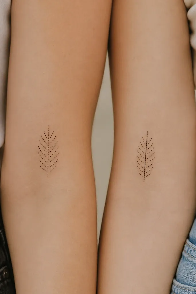 Two tattoos that look like a tiny feather made of dots. Bestie A has a small feather outline made of 10 dot "barbs" on each side; Bestie B has the same dot feather but with a single straight line in the center shaft.