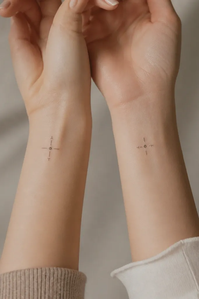 Two small minimalist coordinate tattoos. Each has a tiny compass-like crosshair with 2 short tick marks and a small dot. No text or numbers appear. One bestie has ticks on the top and bottom; the other has ticks on left and right. Both placed on wrists.