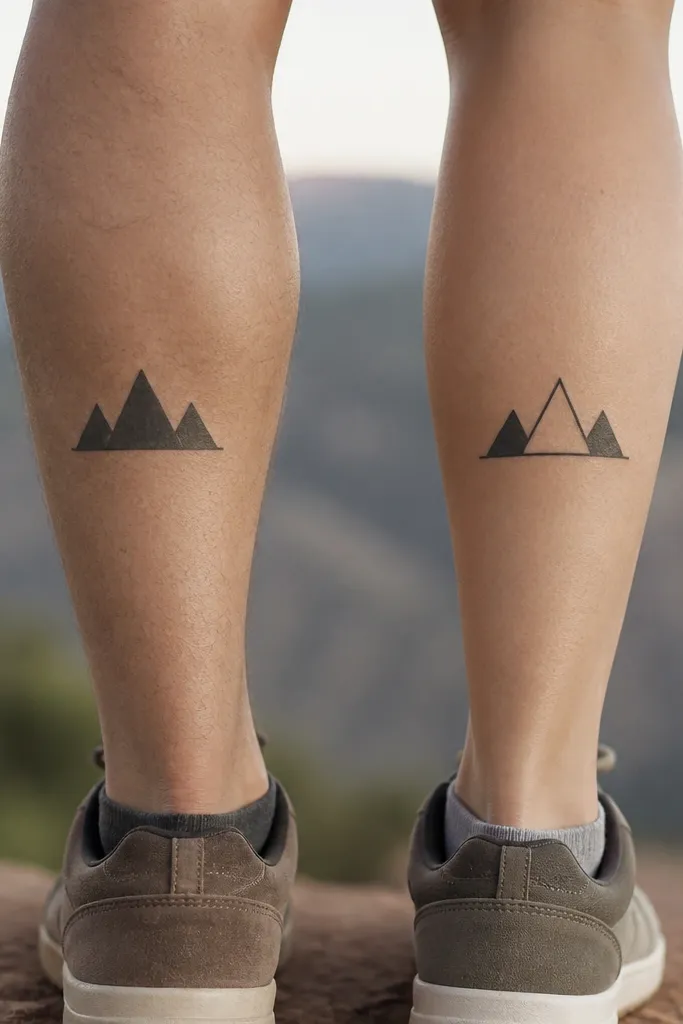 Two minimalist mountain tattoos. One shows three triangle peaks stacked with a flat base line; the other shows the same three peaks but with the middle peak as a hollow outline and the base line slightly curved. Placed on outer calves.
