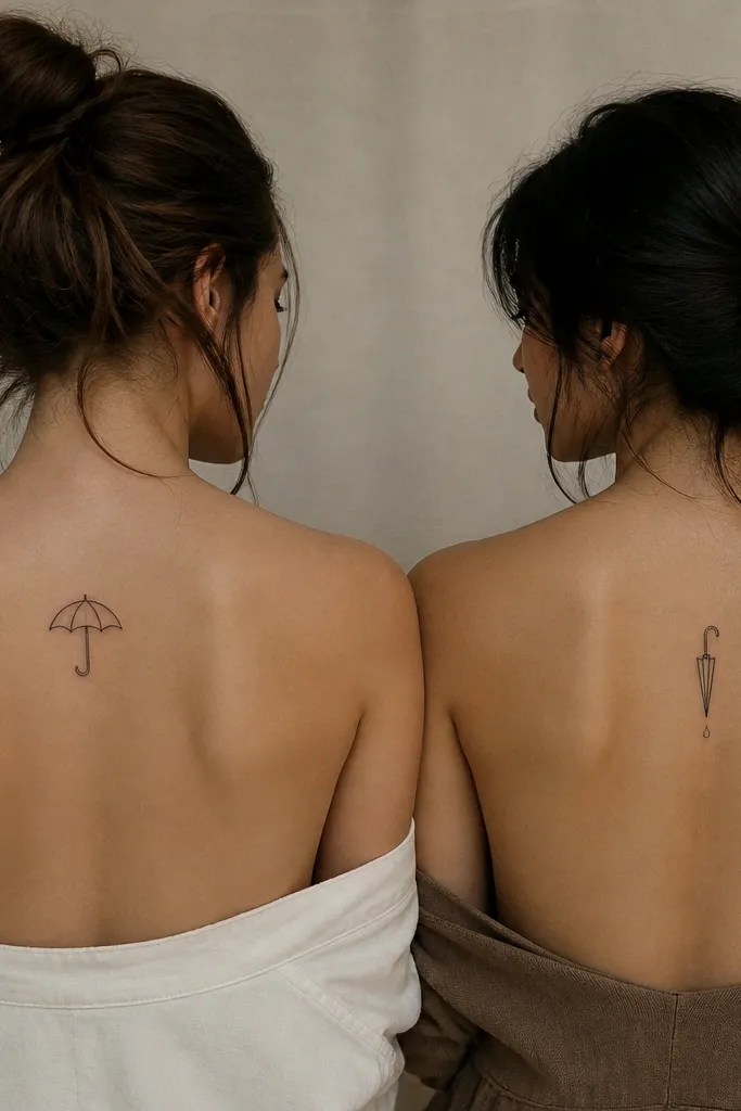 Two small minimalist umbrella tattoos. Bestie A has an open umbrella outline with 6 ribs and a tiny handle; Bestie B has the same umbrella but closed with a small raindrop dot under it. Both on the back of the shoulder blades.