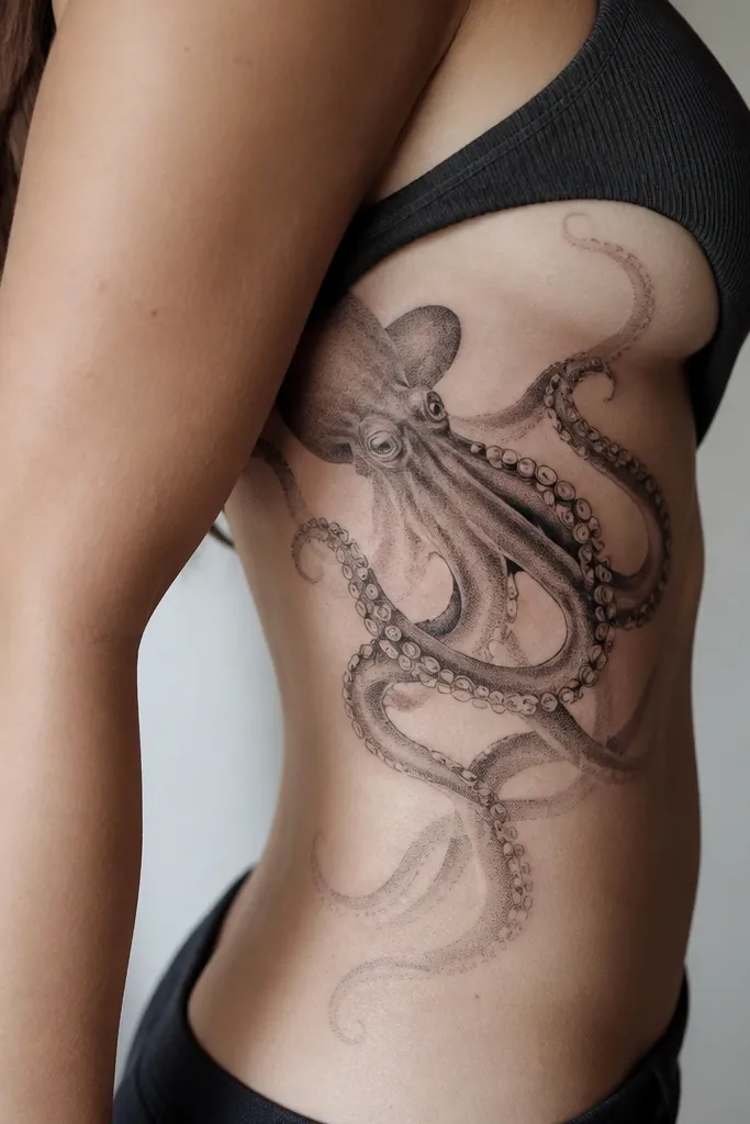An octopus wrapping along the side ribs, with fine lines for suckers, soft gray mist shading around the body, and long tentacles that fade into light stipple near the edges.
