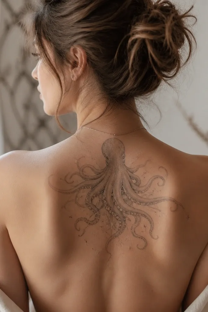 A soft octopus centered on the upper back between the shoulder blades, with fine tentacles and tiny sucker dots; small star-like negative spaces and light gray shading create a floating look.