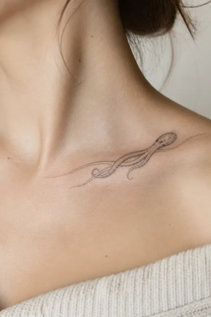 A small collarbone octopus with ultra-thin lines, delicate sucker dots, and minimal gray shading that fades near the tentacle ends; the design sits along the collarbone curve.